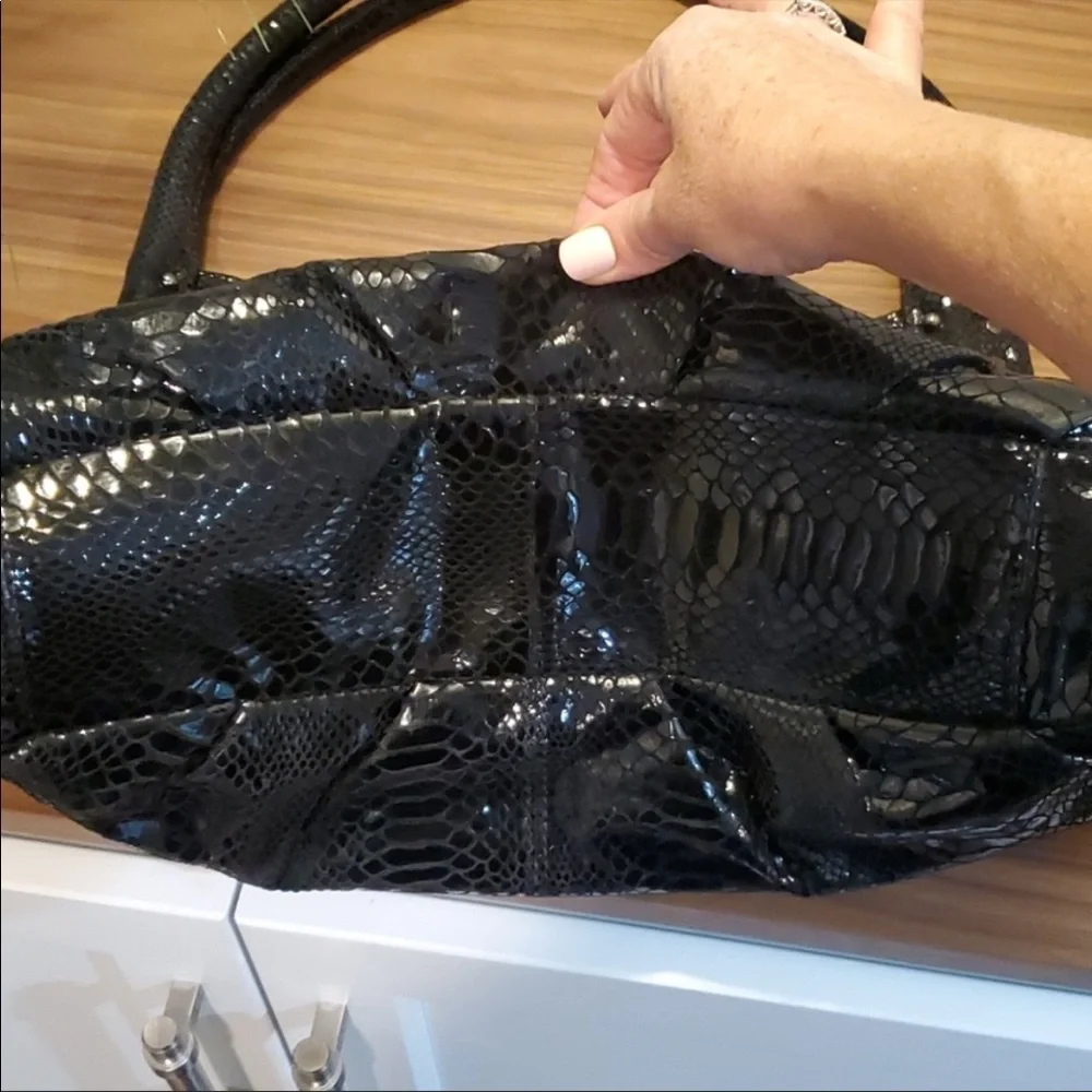 NWOT PERLINA BLACK SNAKESKIN EMBOSSED Hobo Bag w/Bow Sash